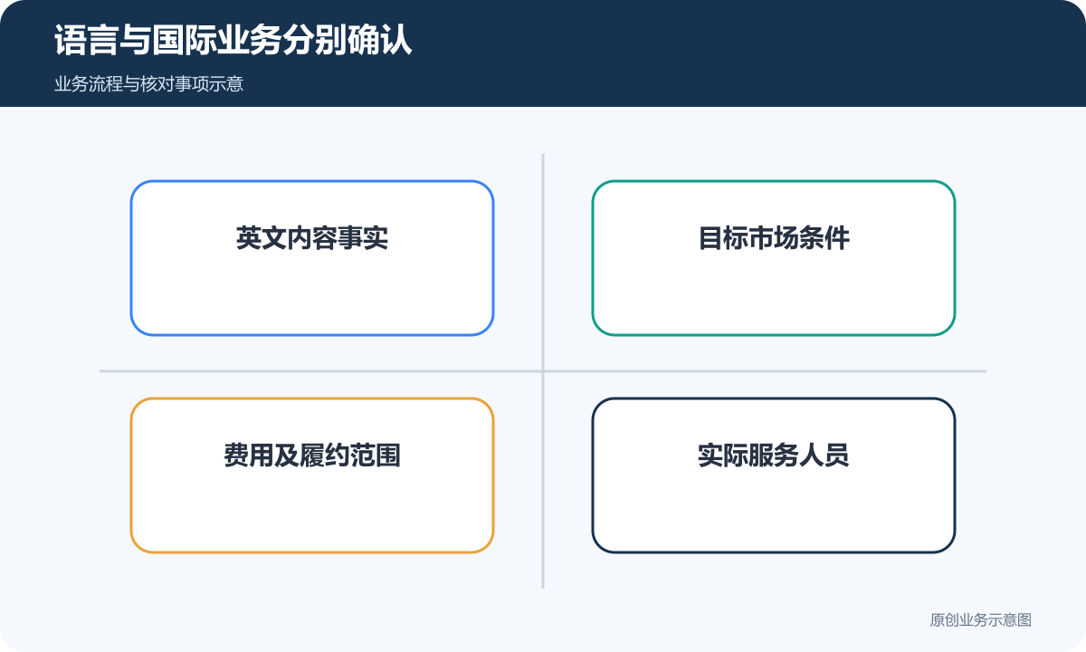英文表达、市场条件、费用履约与实际人员分别核对
