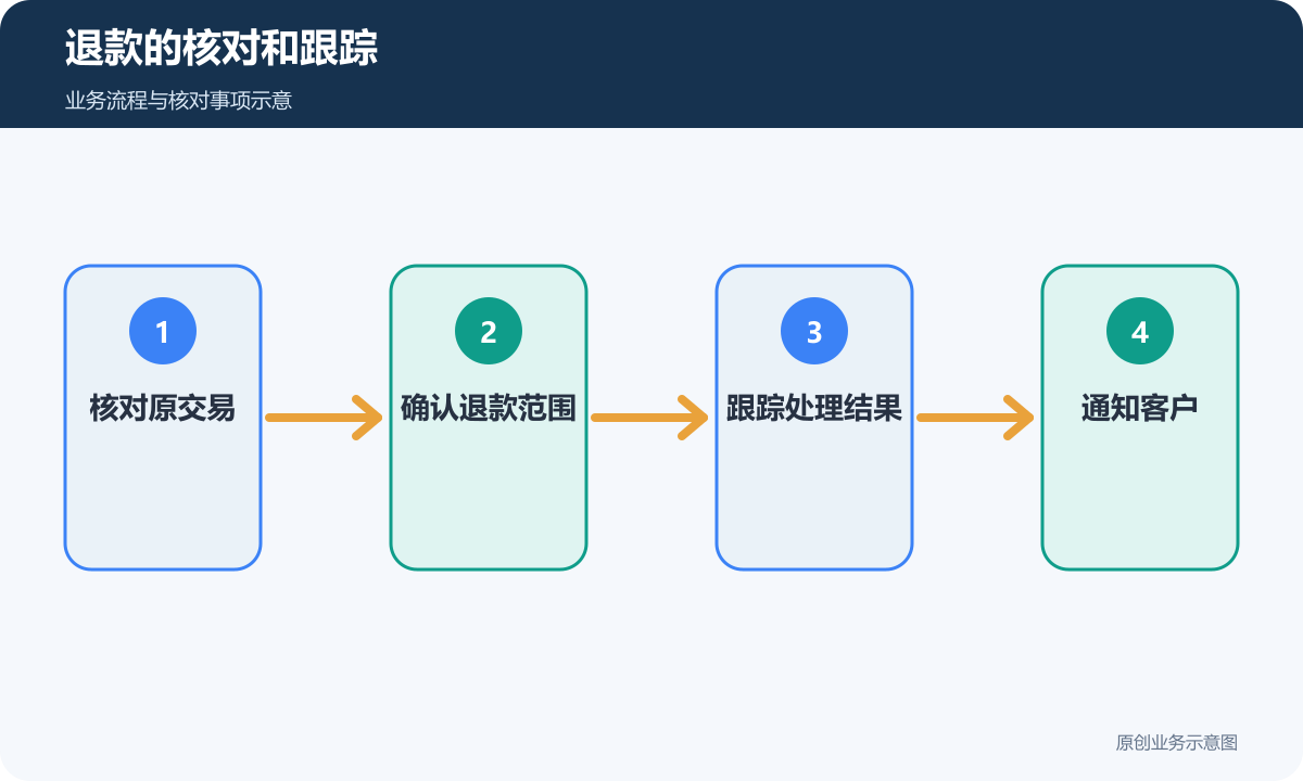退款处理从核对原交易进入申请、结果追踪和客服通知