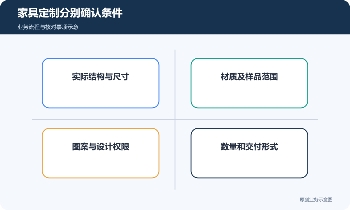 家具定制分别确认尺寸、材质样品、设计权限与交付