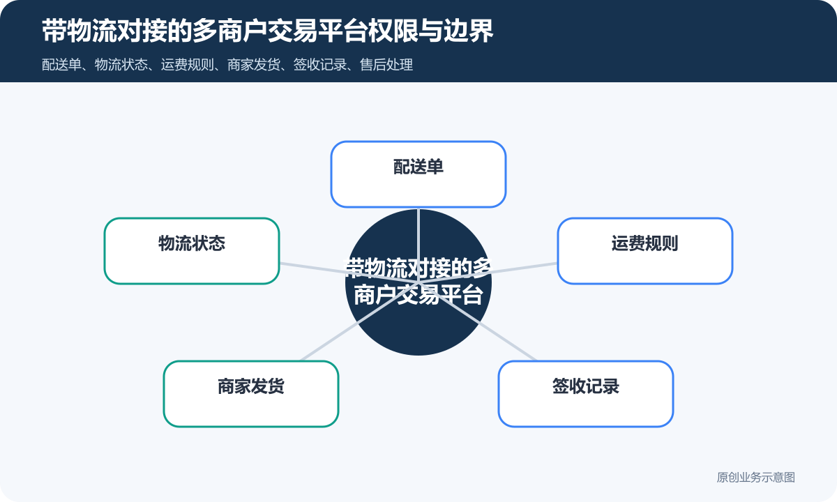 带物流对接的多商户交易平台怎么搭建商家入驻、订单和配送状态带物流对接的多商户交易平台权限与边界示意图