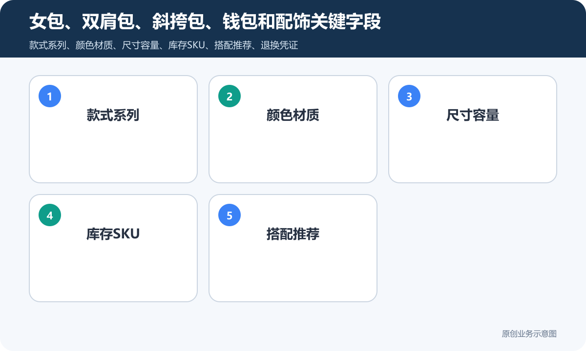 女包商家商城小程序如何搭建款式、颜色规格和售后管理女包、双肩包、斜挎包、钱包和配饰关键字段包含款式系列、颜色材质、尺寸容量、库存SKU、搭配推荐