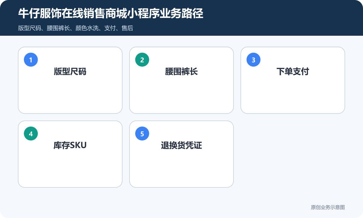 牛仔服饰商城如何制作尺码、库存和退换货流程牛仔服饰在线销售商城小程序业务路径包含版型尺码、腰围裤长、下单支付、库存SKU、退换货凭证
