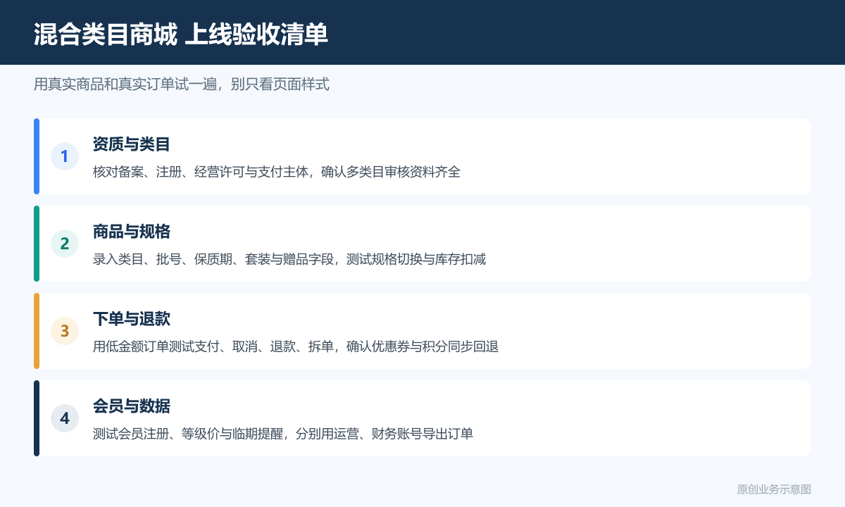 卖化妆品保健品补品的商城小程序多少钱商品分类、在线下单和会员运营说明混合类目商城上线验收清单包含资质核对商品测试退款处理会员权益数据导出