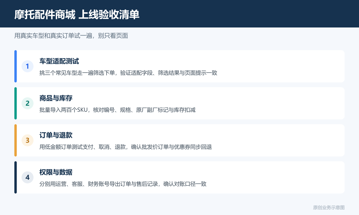 摩托车配件的小程序商城多少钱商品分类、在线下单和会员运营说明摩托配件商城上线验收清单包含适配测试商品库存支付退款权限与数据导出