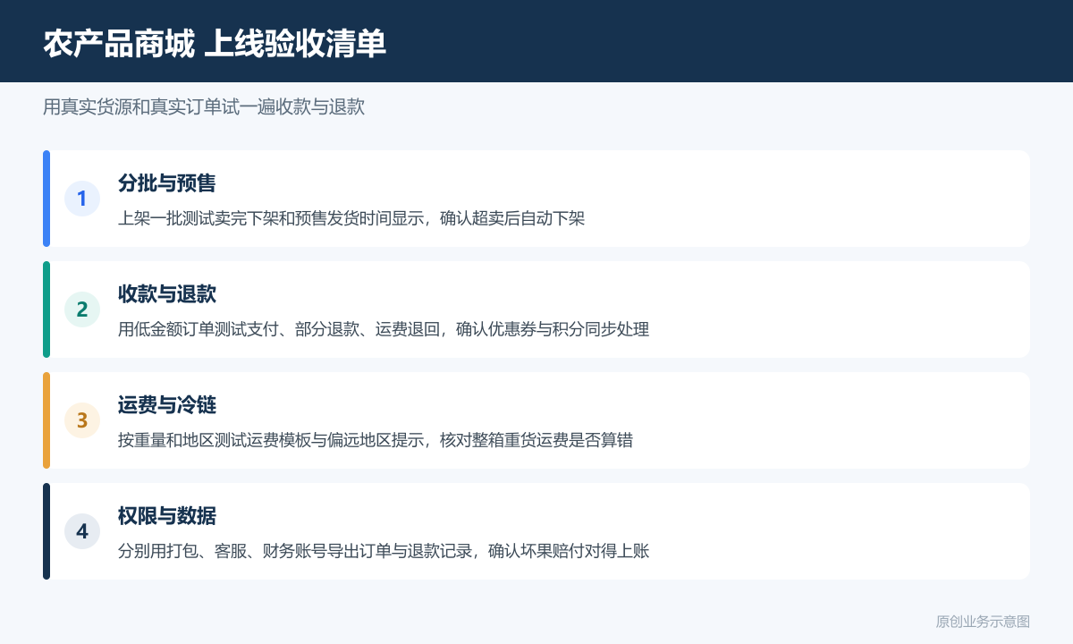 农产品小程序商城多少钱在线收款、订单管理和退款规则说明农产品商城上线验收清单包含分批预售测试坏果退款结算运费权限与数据导出