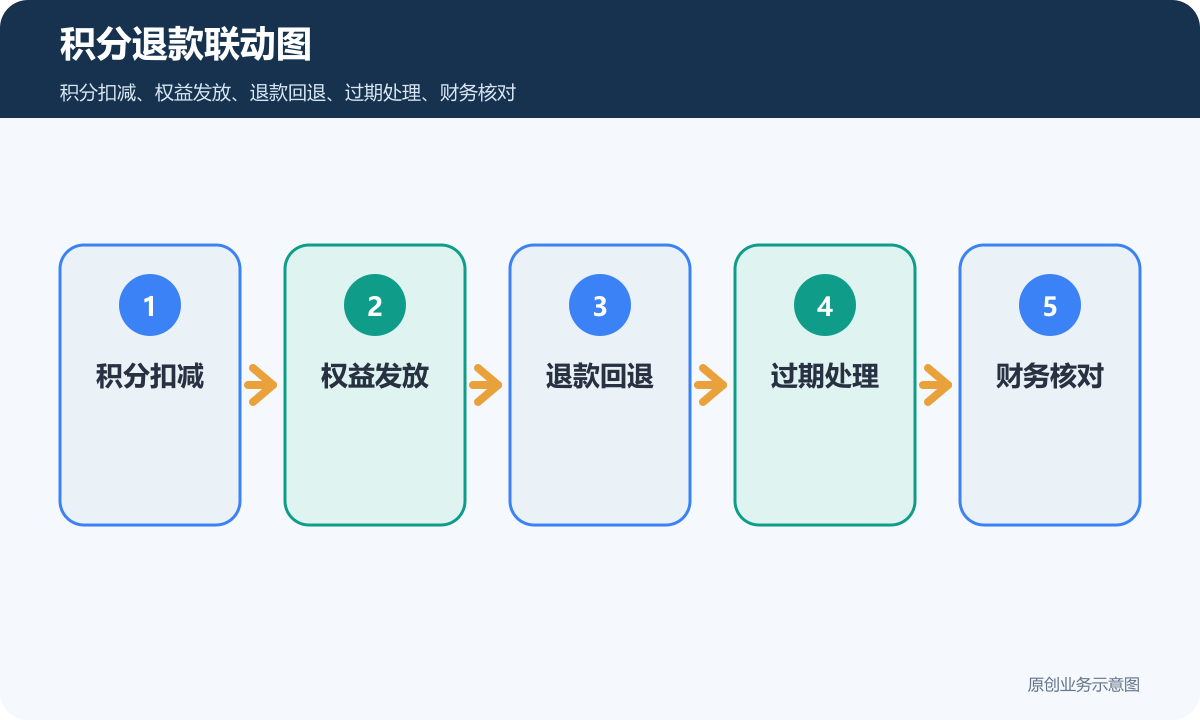 出售云服务+虚拟商品+礼品兑换卡券的小程序商城多少钱积分退款联动图包含积分扣减权益发放退款回退过期处理财务核对