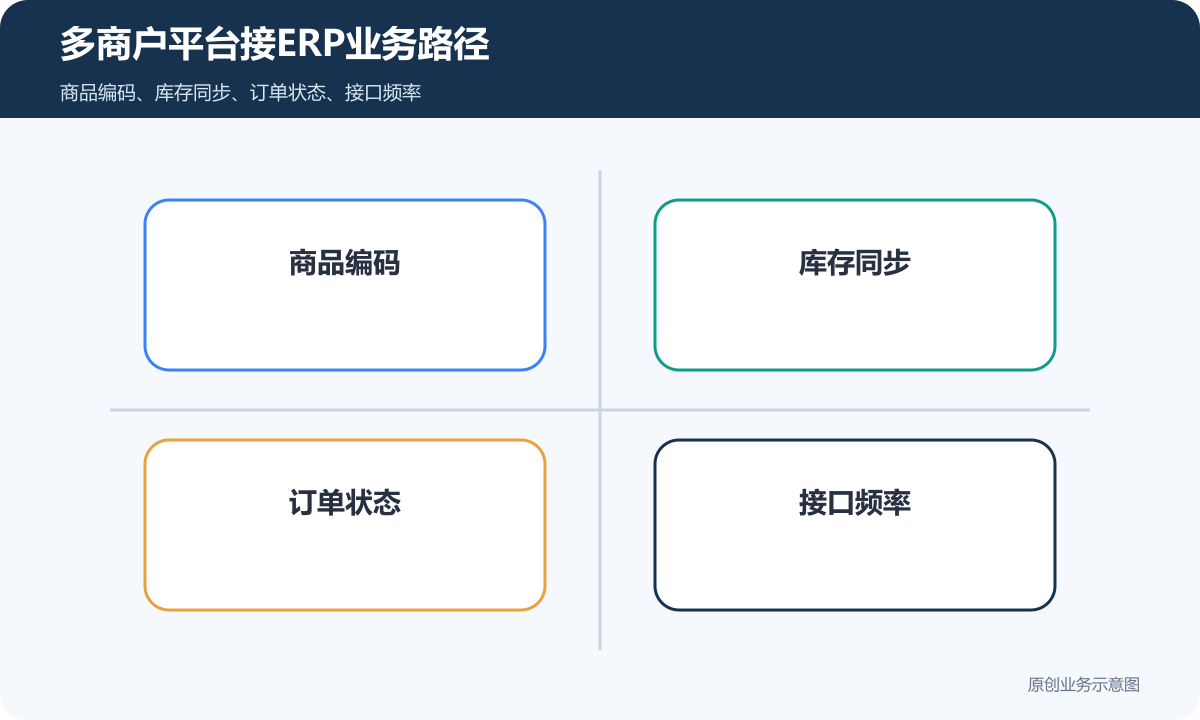 多商户平台如何接 ERP商家入驻、订单同步和数据权限怎么定多商户平台接ERP业务路径示意图