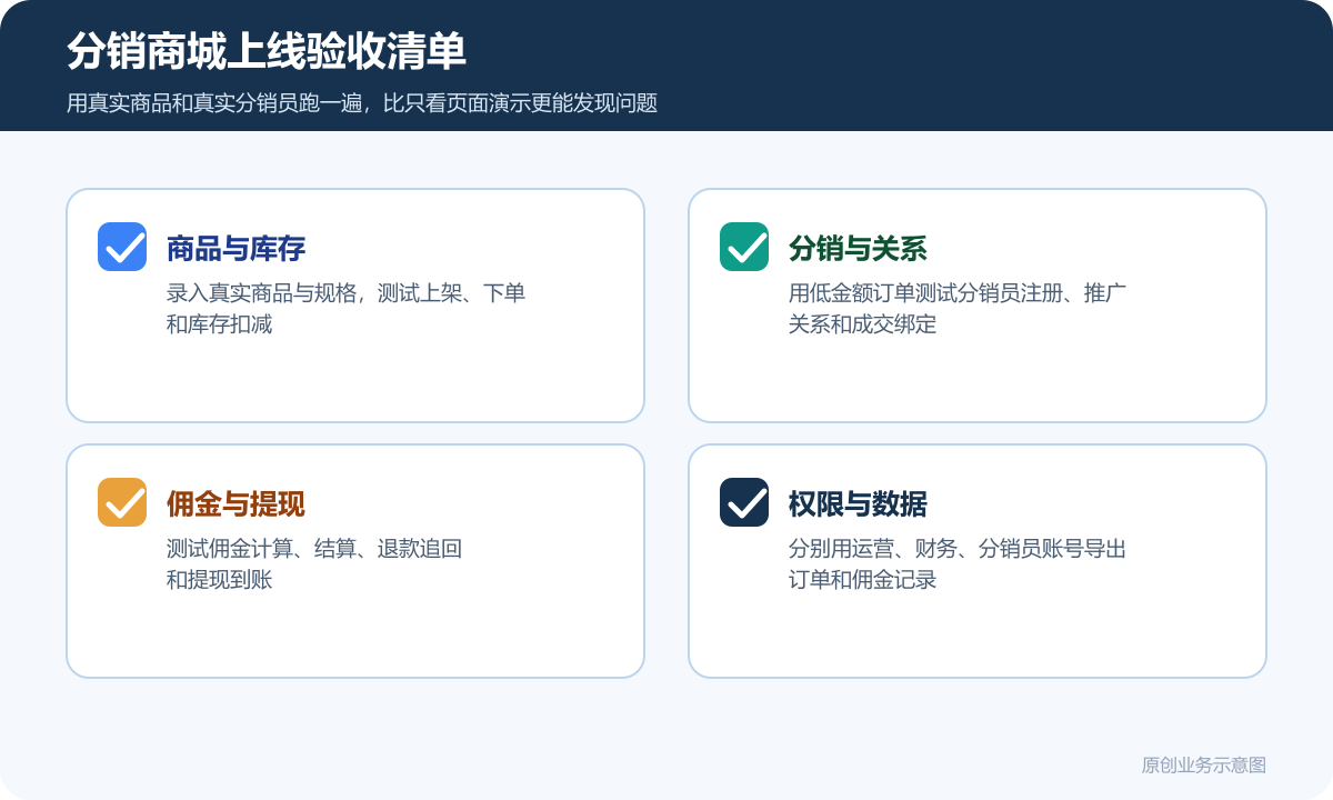 具备上架商品和分销功能的小程序商城要多少钱？商品分类、在线下单和会员运营说明分销商城上线验收清单包含商品测试分销注册佣金结算提现对账数据导出