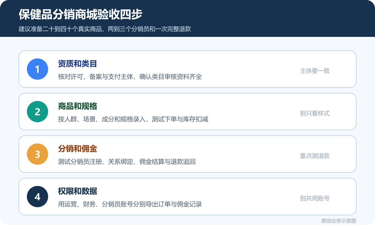 具有分销模式的保健品行业小程序商城多少钱商品分类、在线下单和会员运营说明保健品商城上线验收清单包含资质核对商品测试分销佣金结算退款回退数据导出