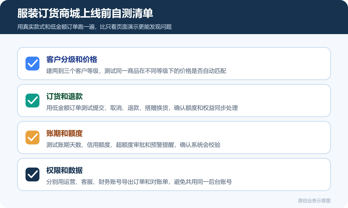 开发一个包含订货系统和营销工具的服装小程序商城多少钱客户分级价格权限和订单对账说明服装订货商城上线验收清单包含客户分级测试价格权限测试订单对账退款处理搭赠营销数据导出