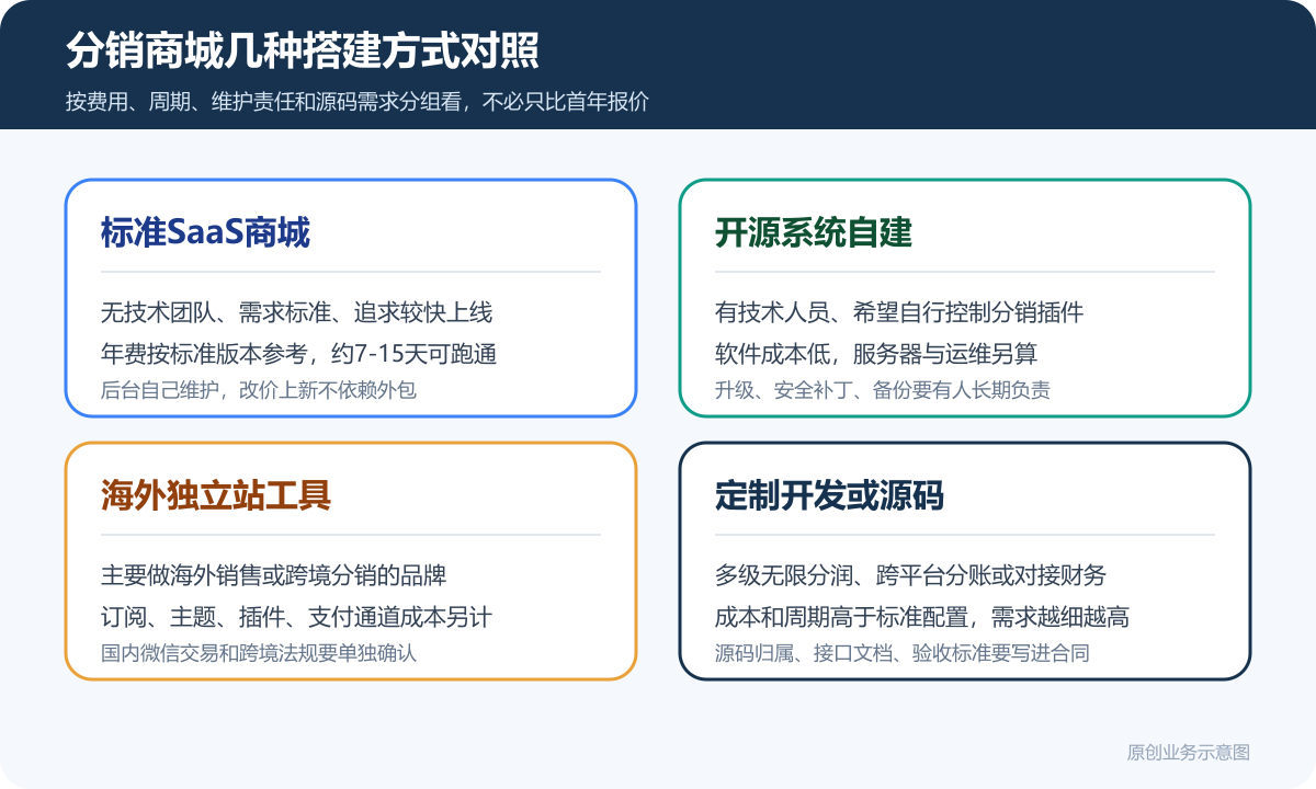 具备上架商品和分销功能的小程序商城要多少钱？商品分类、在线下单和会员运营说明分销商城方案对比图包含标准商城开源自建海外独立站定制开发