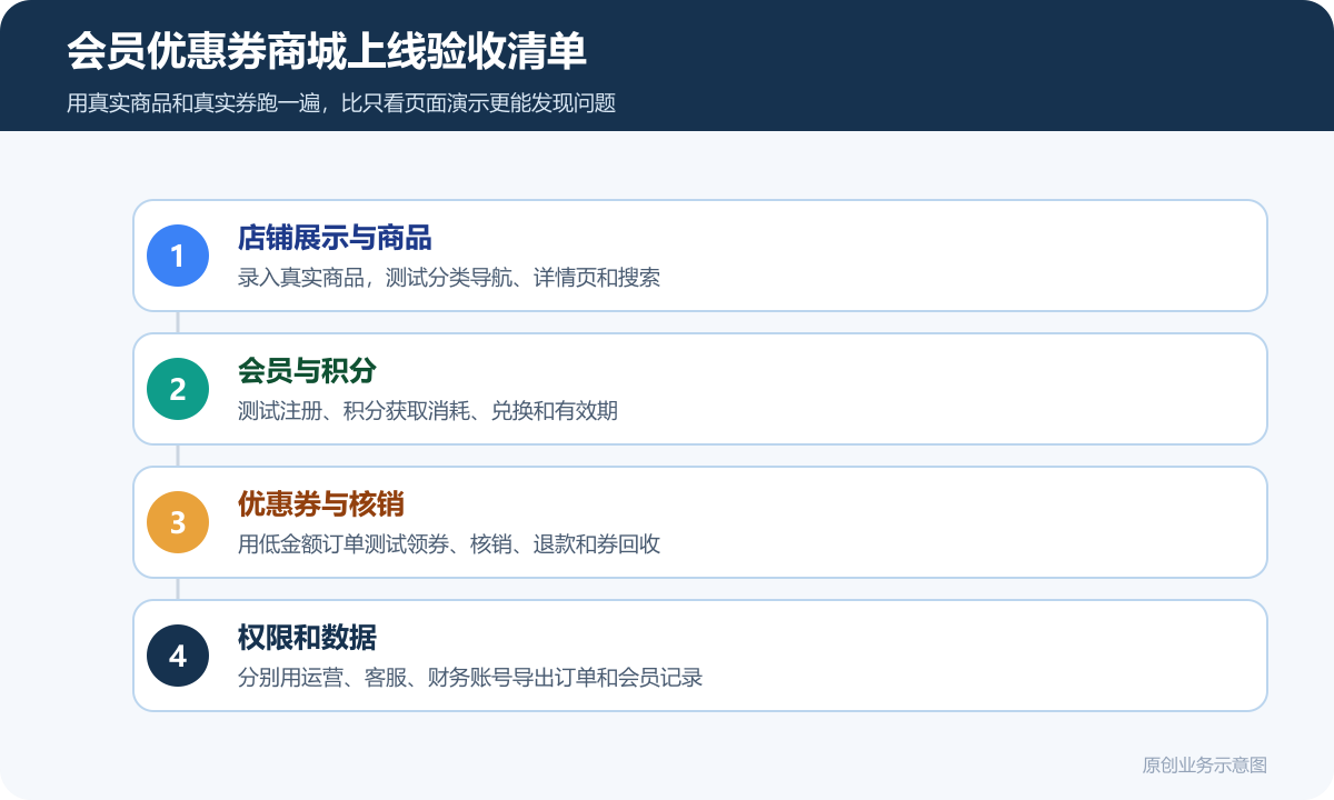 具备商家店铺展示、会员积分和优惠券售卖功能的小程序商城多少钱？会员积分、兑换规则和复购运营说明会员优惠券商城上线验收清单包含积分测试优惠券核销退款回退会员等级数据导出