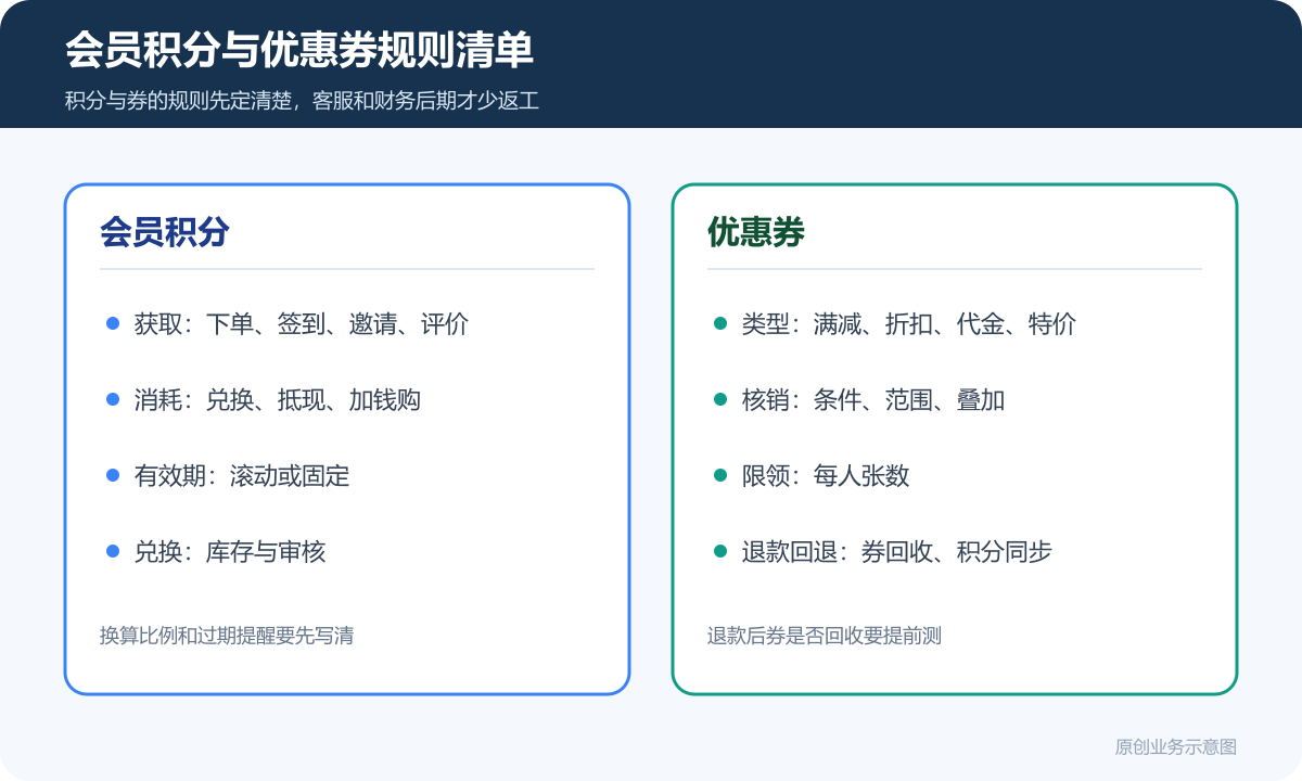 具备商家店铺展示、会员积分和优惠券售卖功能的小程序商城多少钱？会员积分、兑换规则和复购运营说明会员积分与优惠券规则清单包含积分获取积分消耗兑换规则券类型核销退款回退