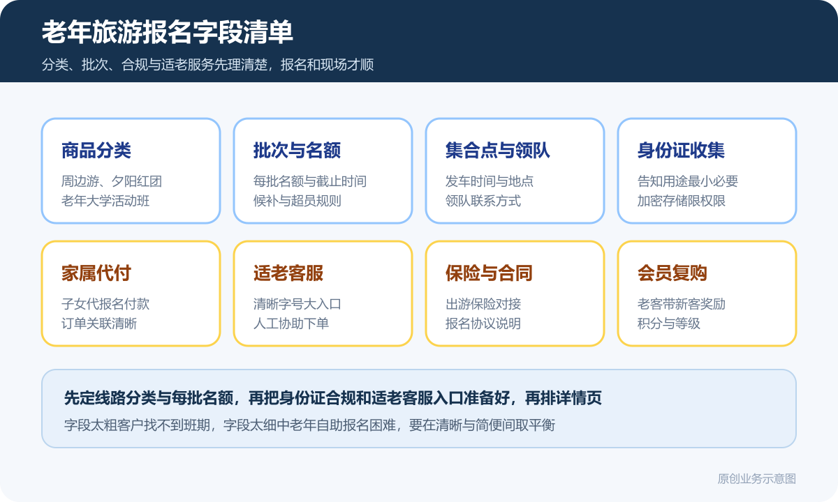 老年人线下活动旅游业务的小程序商城多少钱商品分类在线下单和会员运营说明老年旅游报名字段清单包含商品分类周边游夕阳红活动班批次名额集合点领队身份证收集家属代付适老客服会员复购