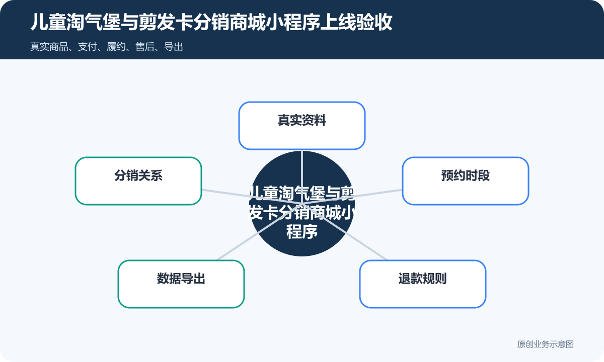 售卖儿童淘气堡或剪发卡的分销商城小程序怎么搭建商品分类、在线下单和会员运营说明儿童淘气堡与剪发卡分销商城小程序上线验收包含真实资料、分销关系、预约时段、数据导出、退款规则
