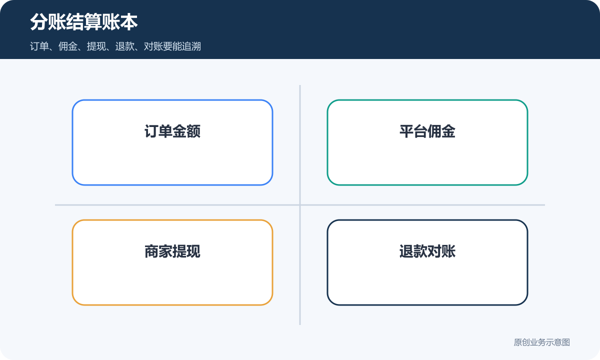 多商户平台分账结算账本包含订单金额平台佣金商家提现和退款对账