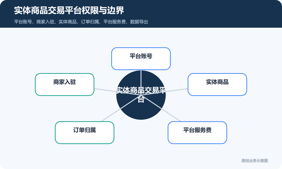 平台方如何搭建实体商品交易平台商家入驻、订单和平台结算实体商品交易平台权限与边界示意图