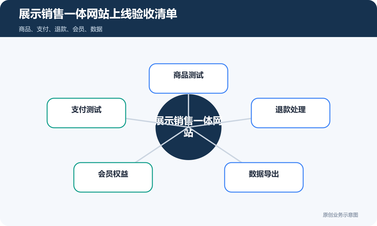展示业务信息或销售产品的商城网站费用怎么算商品分类、在线下单和会员运营说明展示销售一体网站上线验收清单包含商品测试支付测试退款处理会员权益数据导出
