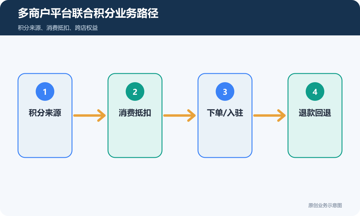多商户平台联合积分怎么搭建返积分、消积分和商家对账规则多商户平台联合积分业务路径示意图