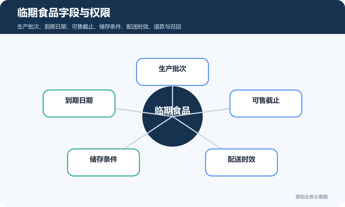 临期食品商城搭建重点：批次效期、限时销售和退款规则要先定临期食品字段与权限示意图